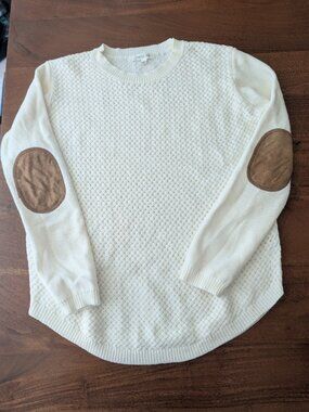 August Mist Cream Textured Knit Sweater Small Elbow Patch Cozy Cotton Blend
